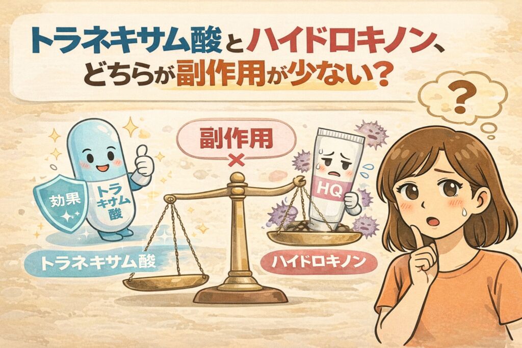 トラネキサム酸とハイドロキノンの副作用の少なさを比較する図解イラスト。「トラネキサム酸とハイドロキノン、どちらが副作用が少ない？」という見出しのもと、左側には効果と安全性を示すトラネキサム酸、右側には刺激やリスクを抱えたハイドロキノンが天秤で対比されている。副作用の有無や使いやすさの違いを、成分キャラクターと天秤の構図で直感的に理解できる教育用ビジュアル。
