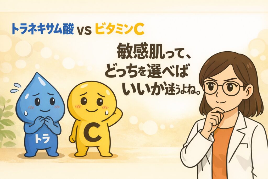 敏感肌向けにトラネキサム酸とビタミンCを比較するイラスト。左側に青いトラネキサム酸の擬人化キャラクター、右側に黄色いビタミンCの擬人化キャラクターが並び、どちらを選ぶべきか悩む構図。白衣で眼鏡の女性が考える表情で「敏感肌って、どっちを選べばいいか迷うよね」と解説している。