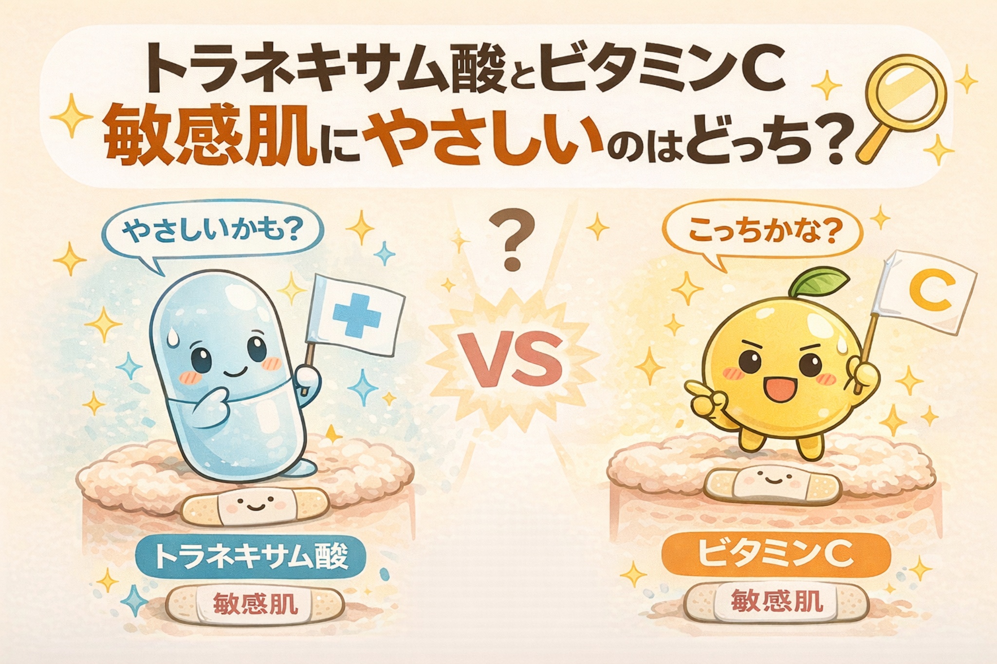 トラネキサム酸とビタミンCのどちらが敏感肌にやさしいかを比較した図解イラスト。左はトラネキサム酸が低刺激で炎症や赤みを抑える成分として描かれ、右はビタミンCが美白やハリを担う成分として示され、敏感肌向けの選び方を擬人化キャラクターで分かりやすく解説している