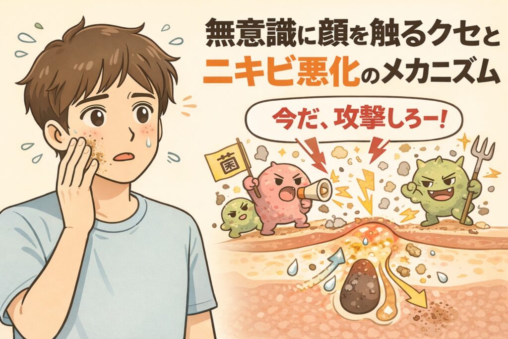 無意識に顔を触るクセがニキビを悪化させるメカニズムを解説するイラスト。頬に手を当ててしまう男性の横で、毛穴断面では菌や炎症キャラクターが「今だ、攻撃しろ！」と煽り、刺激によって炎症が広がる様子が描かれている。無意識の接触が皮膚バリアを乱し、ニキビ悪化につながる仕組みを視覚的に示している。