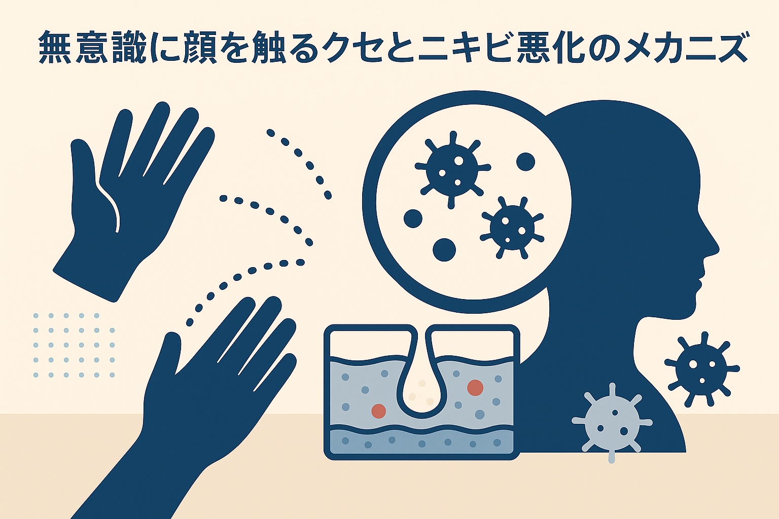 無意識に顔を触るクセとニキビ悪化の仕組みを説明する図解イラスト。左側に手のシルエットが2つ、右側に顔のシルエットと菌のアイコン、下部に毛穴の断面図が描かれている。手から菌が顔に移ることで毛穴が炎症を起こすメカニズムを示しており、上部には「無意識に顔を触るクセとニキビ悪化のメカニズム」と書かれている。