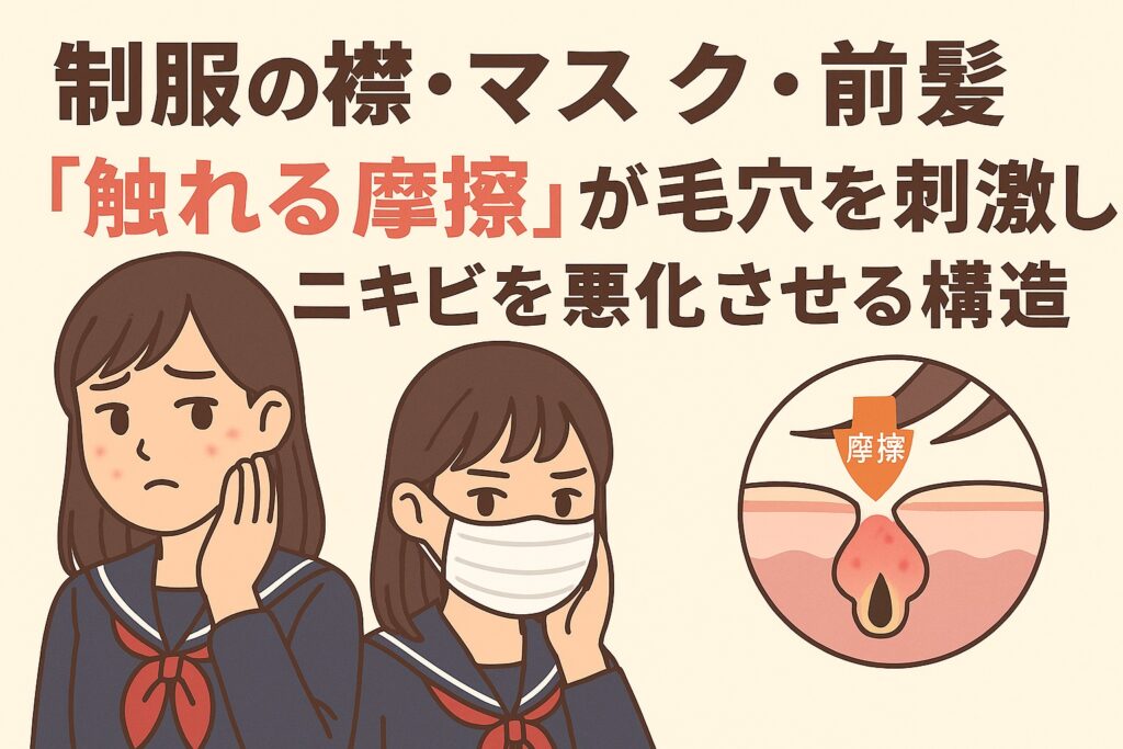 制服の襟やマスク、前髪による摩擦がニキビを悪化させることをテーマにしたイラスト。セーラー服姿の女子学生が頬のニキビを気にしており、隣にはマスクをつけて頬に触れる別の女子学生。右側の毛穴断面図では「摩擦」と書かれた矢印が肌を刺激し、炎症を起こしている様子が描かれている。テキストには「制服の襟・マスク・前髪『触れる摩擦』が毛穴を刺激しニキビを悪化させる構造」と記載されている。