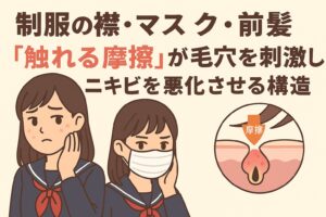 制服の襟やマスク、前髪による摩擦がニキビを悪化させることをテーマにしたイラスト。セーラー服姿の女子学生が頬のニキビを気にしており、隣にはマスクをつけて頬に触れる別の女子学生。右側の毛穴断面図では「摩擦」と書かれた矢印が肌を刺激し、炎症を起こしている様子が描かれている。テキストには「制服の襟・マスク・前髪『触れる摩擦』が毛穴を刺激しニキビを悪化させる構造」と記載されている。