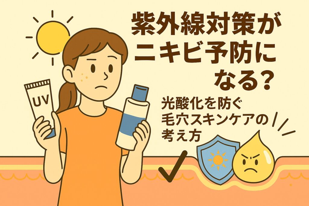 紫外線対策でニキビを防ぐことをテーマにしたイラスト。日焼け止めと化粧水を手にした女性が太陽の下で考えている様子。右側には「紫外線対策がニキビ予防になる? 光酸化を防ぐ毛穴スキンケアの考え方」というテキストと、日焼け防止の盾マーク、怒った皮脂のしずくキャラクターが描かれている。