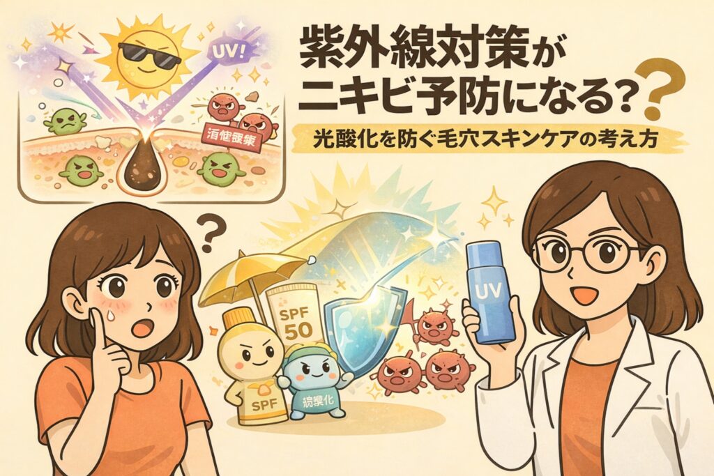 紫外線（UV）が毛穴内の皮脂を光酸化させ、ニキビや炎症の原因になる仕組みを図解したイラスト。日焼け止め（SPF）やUVカットを盾として、酸化やアクネ菌の影響から毛穴を守る様子と、疑問を持つ女性・白衣の専門家が解説する構図で、紫外線対策がニキビ予防につながる考え方を視覚的に表現している。