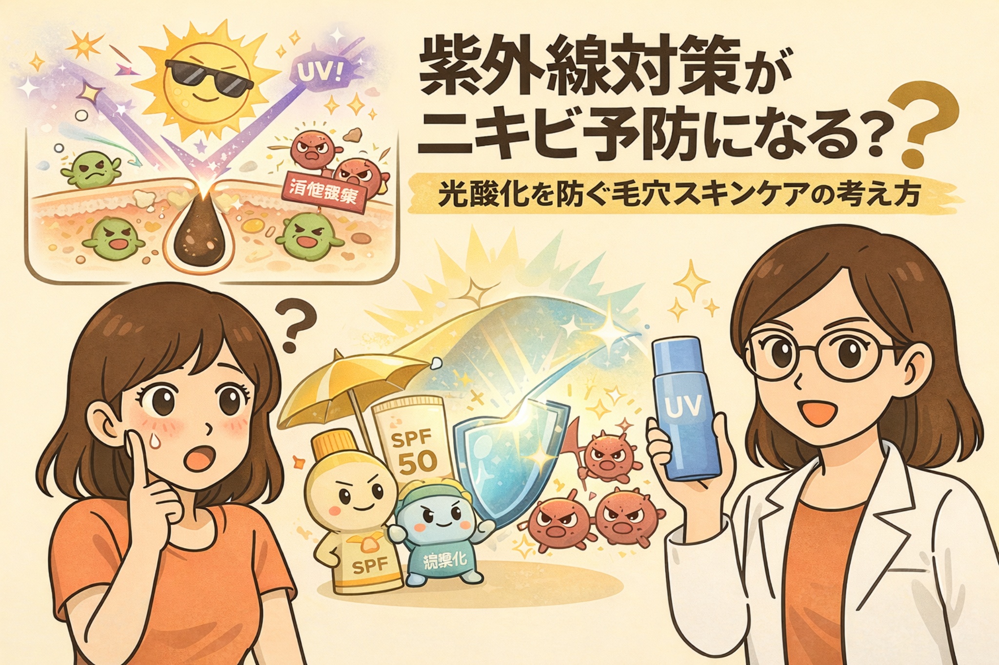 紫外線（UV）が毛穴内の皮脂を光酸化させ、ニキビや炎症の原因になる仕組みを図解したイラスト。日焼け止め（SPF）やUVカットを盾として、酸化やアクネ菌の影響から毛穴を守る様子と、疑問を持つ女性・白衣の専門家が解説する構図で、紫外線対策がニキビ予防につながる考え方を視覚的に表現している。