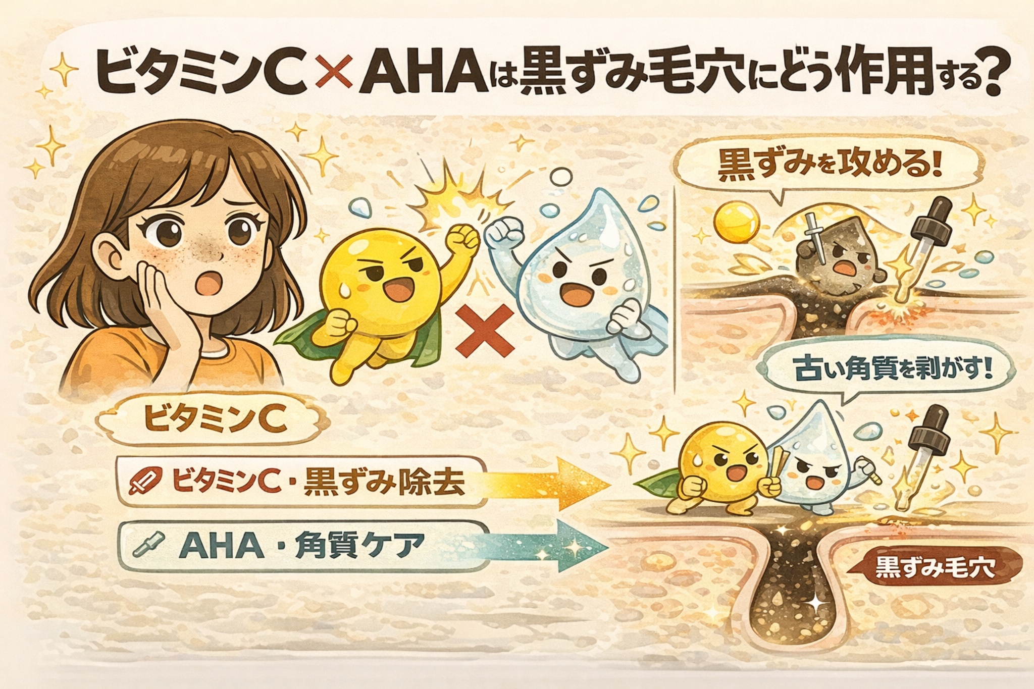 ビタミンCとAHAが黒ずみ毛穴にどう作用するかを解説した図解イラスト。ビタミンCは黒ずみ（酸化した皮脂）に働きかけ、AHAは古い角質を剥がす役割として擬人化キャラクターで表現されている。両者が別のアプローチで黒ずみ毛穴に作用し、角質ケアと黒ずみ対策の違いと役割分担を視覚的に説明している。