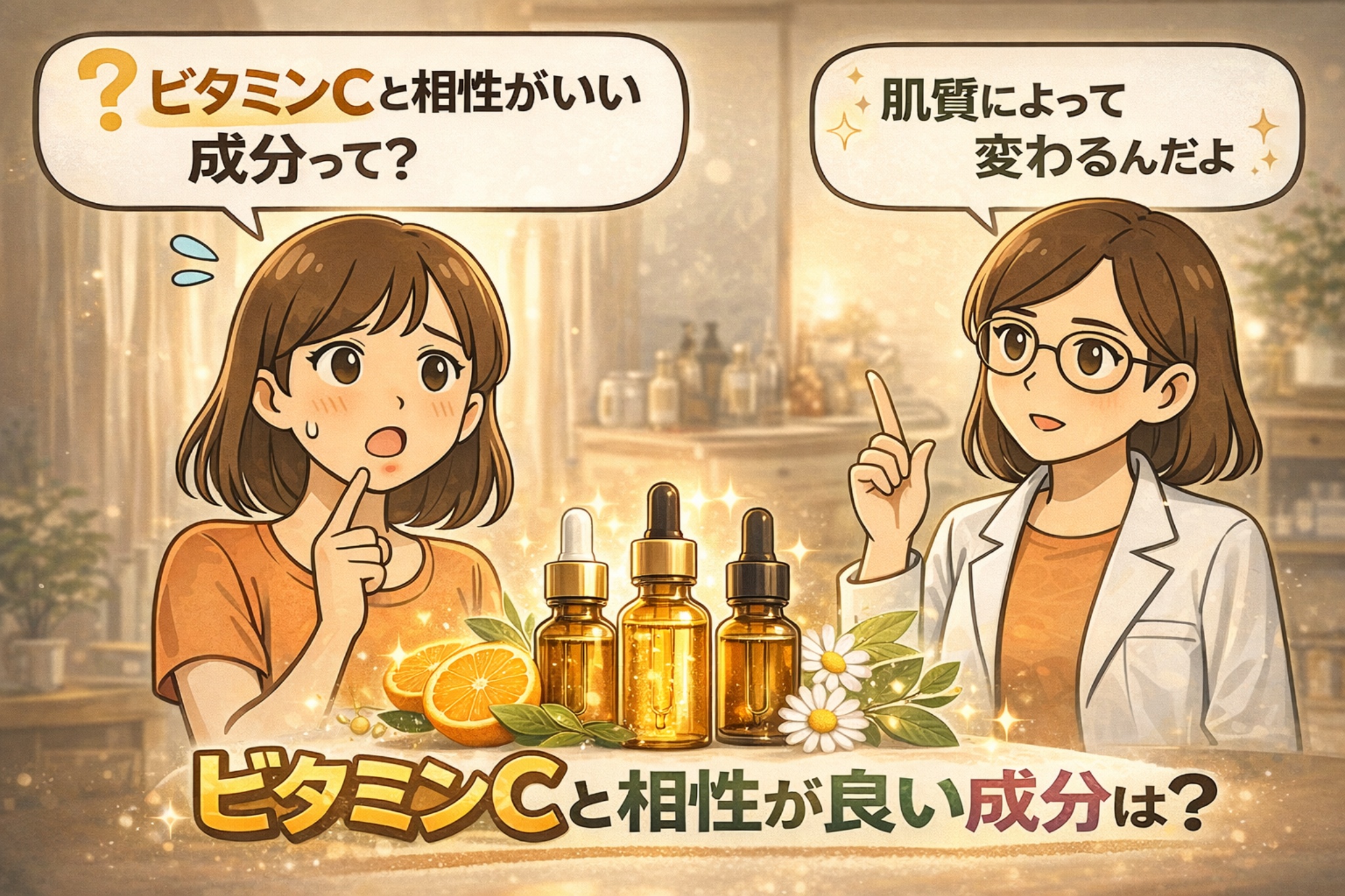 ビタミンCと相性が良い成分を肌タイプ別に考えるイラスト。ビタミンCの相性について疑問を持つ女性と、白衣で眼鏡の女性が指を立てて解説する構図。中央にはビタミンC美容液と植物由来成分を想起させるモチーフが並び、相性の良い成分は一律ではなく肌質によって選ぶ必要があることを示唆しているアイキャッチ。