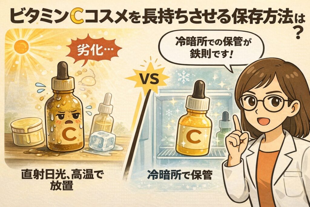 ビタミンCコスメを長持ちさせる保存方法を解説した図解イラスト。直射日光や高温下で劣化する様子と、冷暗所で保管することで品質を保てる対比を、ビタミンCボトルの擬人化と比較構図で分かりやすく示している。