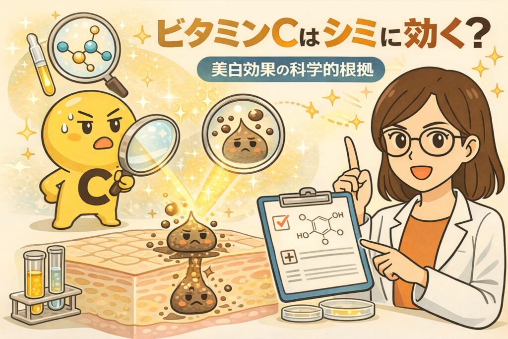 ビタミンCはシミに効果があるのかを「美白効果の科学的根拠」という視点で解説したイラスト。擬人化されたビタミンCがシミの原因に向き合い、白衣の女性が分子構造や実験データを示しながら、美白作用の仕組みを分かりやすく説明している。