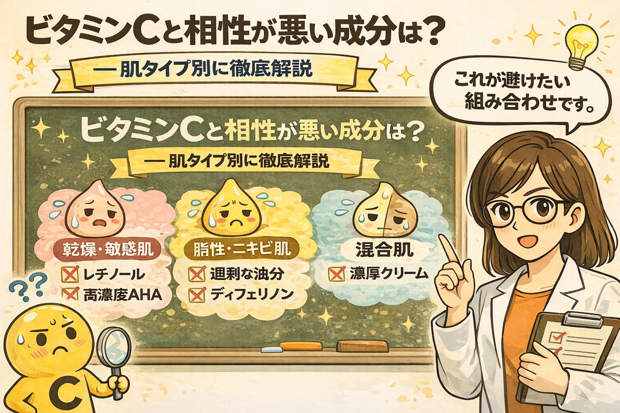 ビタミンCと相性が悪い成分を肌タイプ別に解説したイラスト。黒板には「乾燥・敏感肌」「脂性・ニキビ肌」「混合肌」それぞれについて注意すべき組み合わせが整理され、白衣の女性が指差しで解説している。レチノールや高濃度AHA、過剰な油分、ディフェリン、濃厚クリームなど、避けたい併用例を分かりやすく視覚化している。
