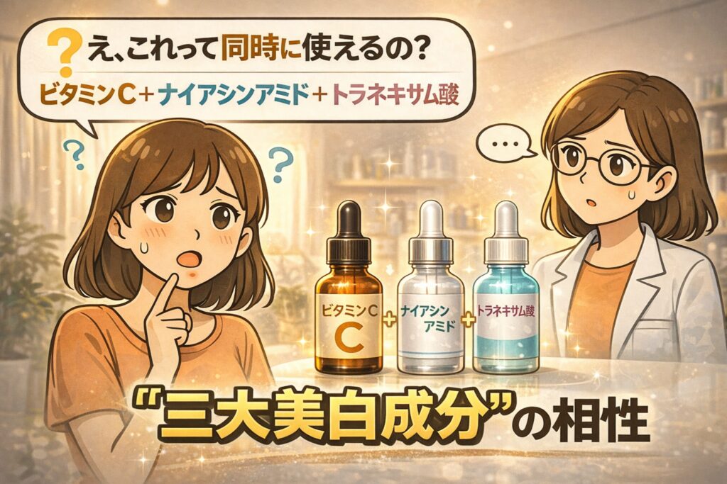 ビタミンC・ナイアシンアミド・トラネキサム酸の三大美白成分を同時に使ってよいのか迷う女性と、白衣で眼鏡の女性が慎重に考えるイラスト。中央には3つの美容液ボトルが並び、「同時に使えるの？」という疑問を通して、成分同士の相性や刺激バランスを見極める必要性を示唆しているアイキャッチ構図。