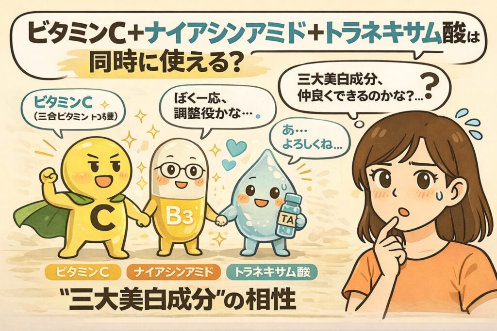 ビタミンC・ナイアシンアミド・トラネキサム酸の三大美白成分を同時に使えるかを解説したイラスト。各成分の役割をキャラクターで表現し、併用時の相性や調整の考え方をわかりやすく示している。