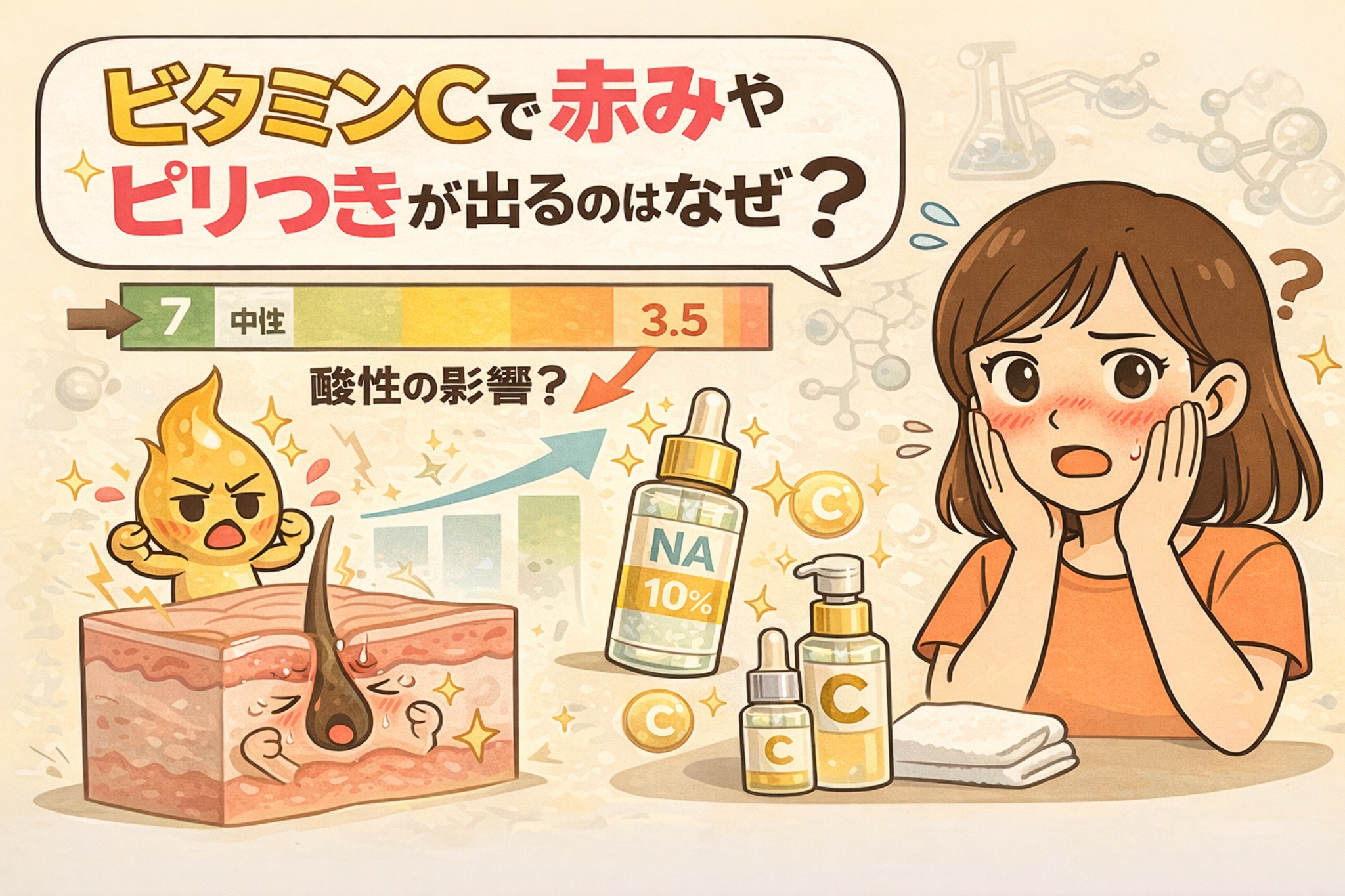ビタミンC使用時に赤みやピリつきが出る理由を解説した図解イラスト。pHの低い酸性環境（約3.5）による刺激の影響や、ビタミンC美容液の濃度・処方バランスが肌に与える反応を、毛穴断面図、pHスケール、擬人化キャラクターでわかりやすく示している。