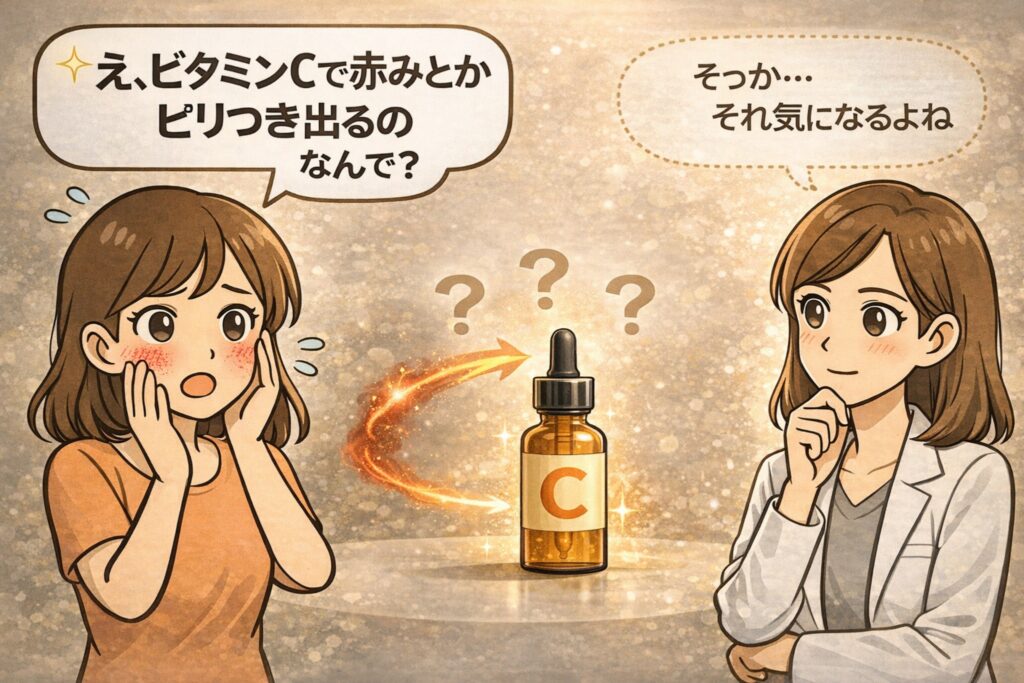 ビタミンCを使った際に赤みやピリつきを感じて戸惑う女性と、白衣で眼鏡の女性が落ち着いて説明するイラスト。中央にはビタミンC美容液のボトルが描かれ、刺激が起きる理由を考える構図。ビタミンCの作用特性や肌状態によって刺激が出やすくなる可能性を示唆するアイキャッチ。