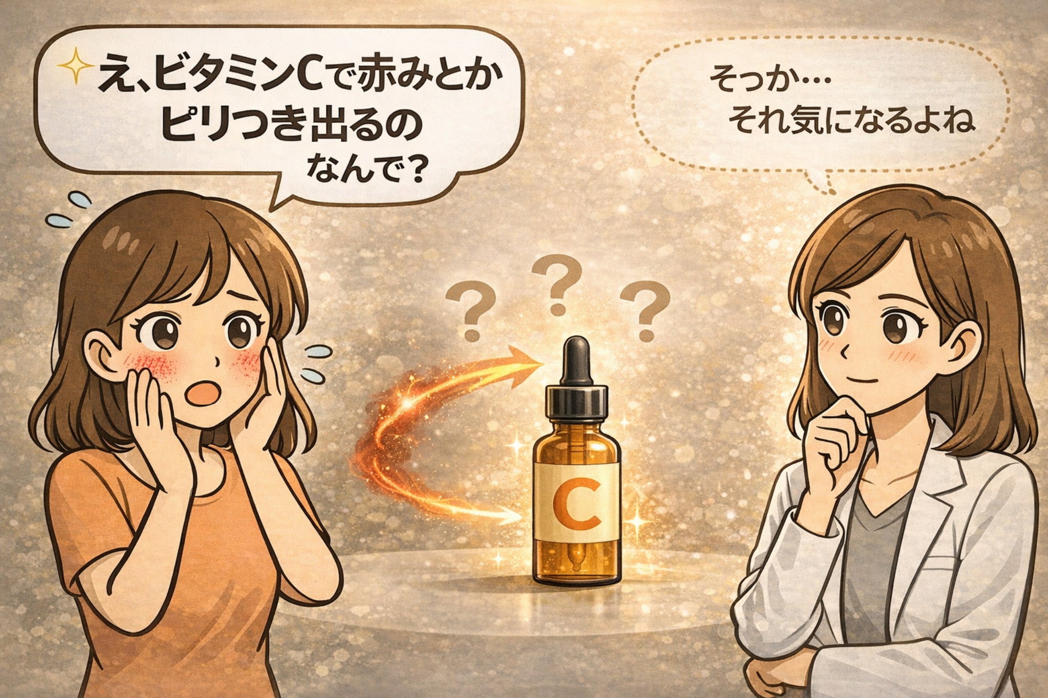 ビタミンCを使った際に赤みやピリつきを感じて戸惑う女性と、白衣で眼鏡の女性が落ち着いて説明するイラスト。中央にはビタミンC美容液のボトルが描かれ、刺激が起きる理由を考える構図。ビタミンCの作用特性や肌状態によって刺激が出やすくなる可能性を示唆するアイキャッチ。