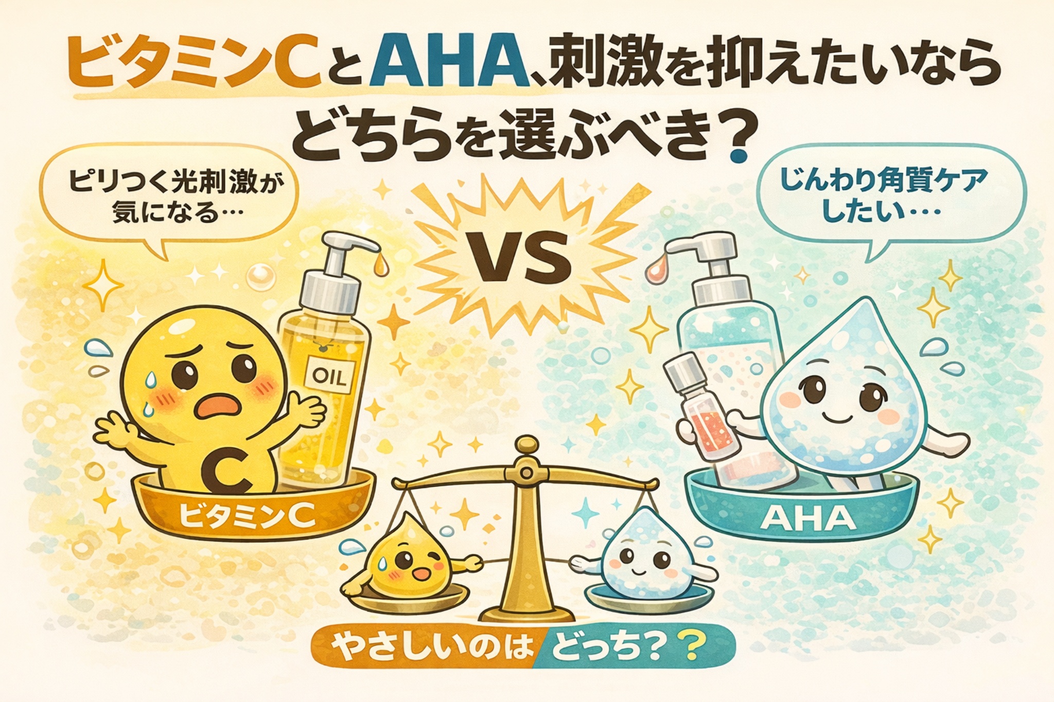 ビタミンCとAHAを比較し、刺激を抑えたい敏感肌視点でどちらを選ぶべきかを示した日本風2Dフラットイラスト。左はピリつきを気にするビタミンCキャラクター、右はやさしい角質ケアを表すAHAキャラクターが天秤で対比されている。