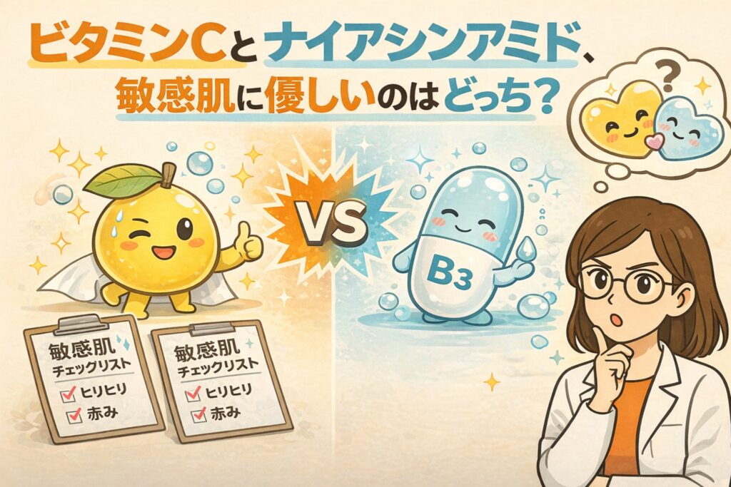 ビタミンCとナイアシンアミド（B3）のどちらが敏感肌に向いているかを比較した解説イラスト。ビタミンCを擬人化したキャラクターと、ナイアシンアミド（B3）を擬人化したキャラクターが対比され、刺激感や赤みをチェックする敏感肌チェックリストが描かれている。右側では白衣姿の女性が成分選びに悩む様子が表現され、肌状態に合わせた選択の重要性を伝えている。