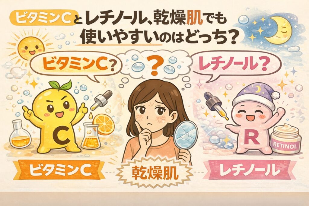 ビタミンCとレチノールのどちらが乾燥肌でも使いやすいかを比較した図解イラスト。ビタミンC（朝向き・さっぱり）とレチノール（夜向き・刺激注意）の特徴を擬人化キャラクターで対比し、乾燥肌の人が迷いやすいポイントを分かりやすく示している。