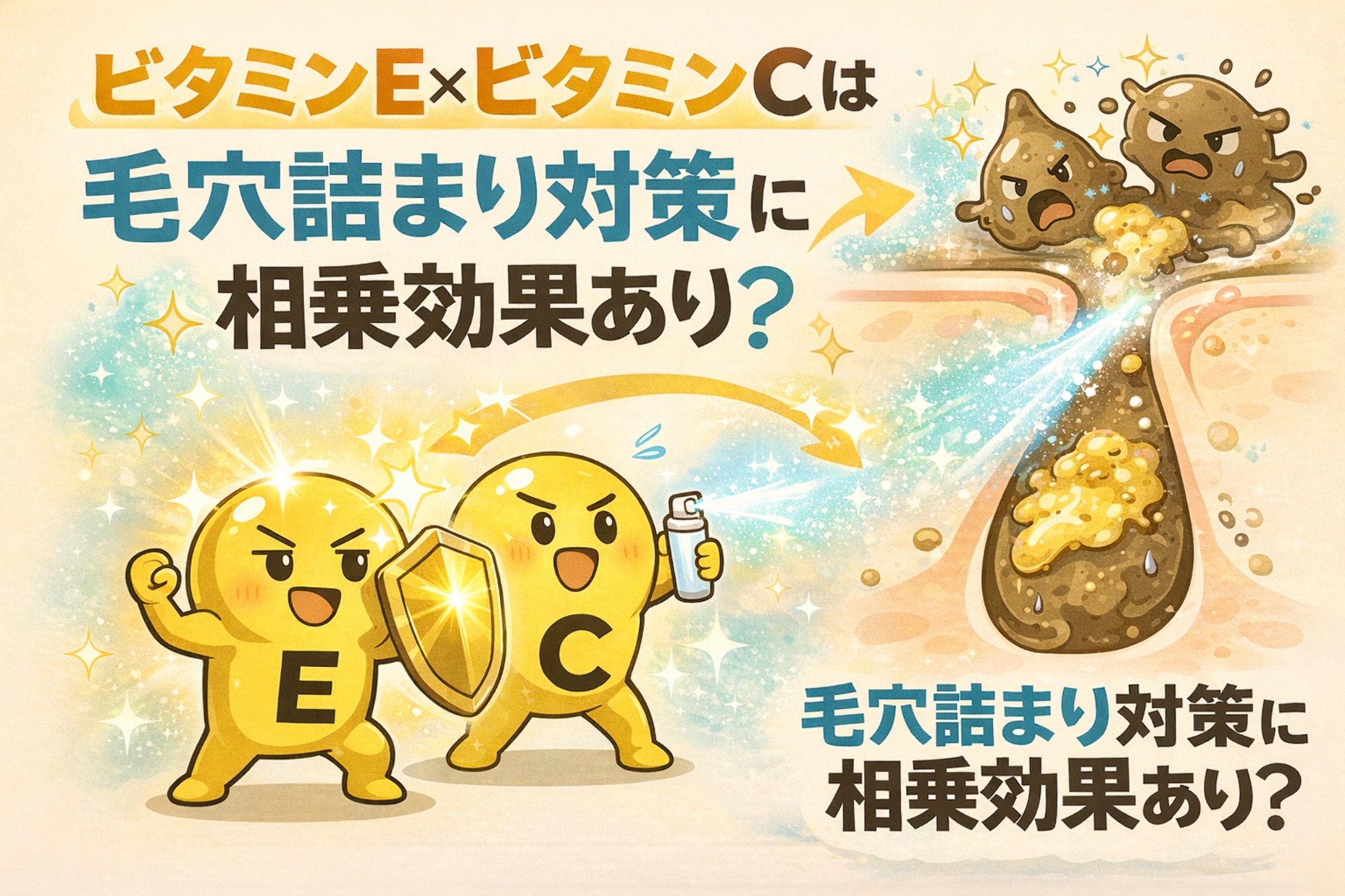 ビタミンEとビタミンCを組み合わせることで、毛穴詰まり対策に相乗効果が期待できる仕組みを解説したイラスト。抗酸化作用を持つ成分が皮脂の酸化を抑え、角栓の形成を防ぐ流れを毛穴断面図とキャラクターで示している。