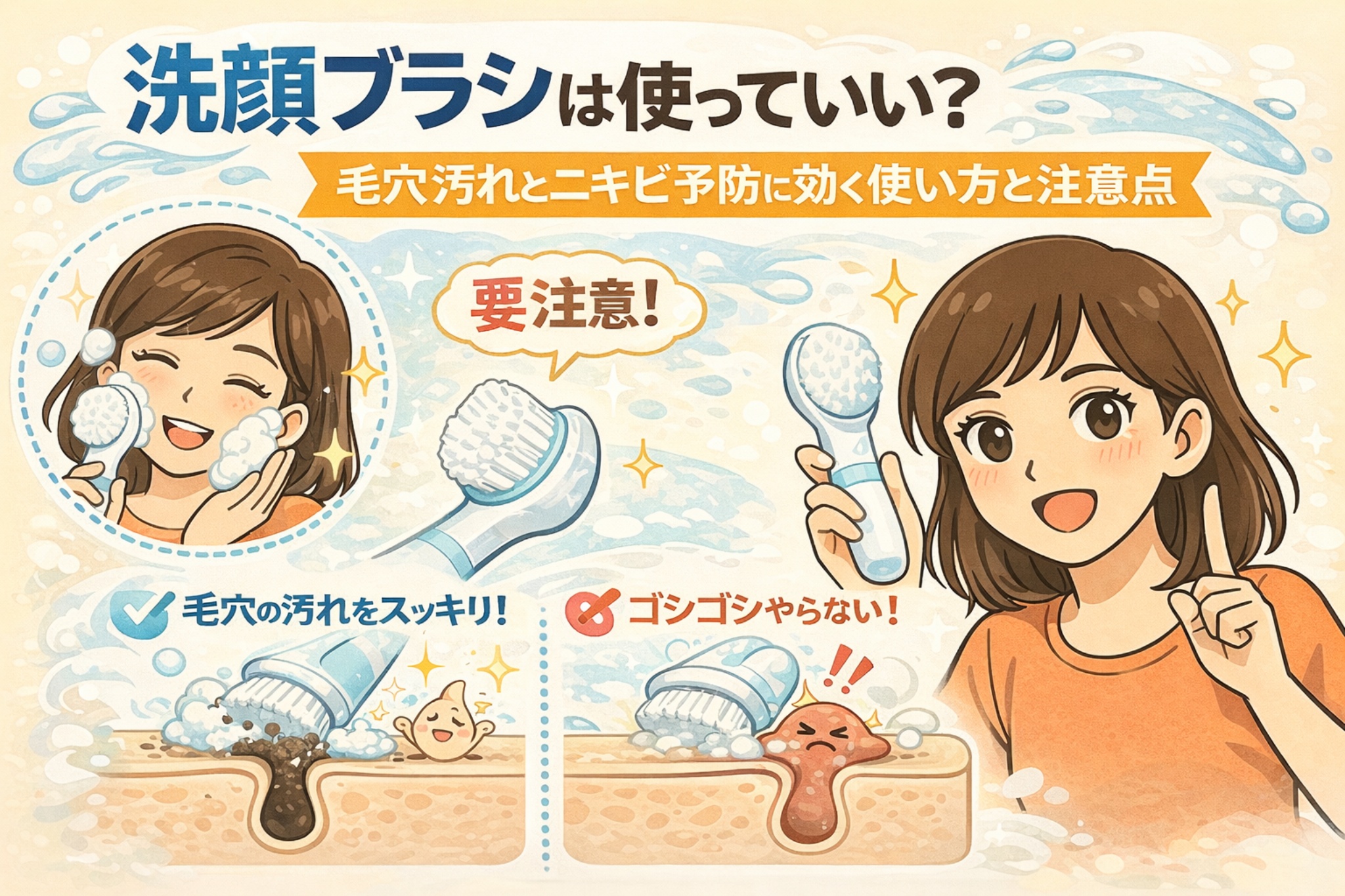 洗顔ブラシは使ってよいのかを解説する図解イラスト。泡立てた洗顔ブラシでやさしく毛穴汚れを落とす正しい使い方と、強くこすって肌や毛穴を傷めるNG例を左右で対比し、指差しで注意点を説明する女性キャラクターが描かれている。