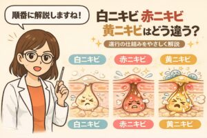 白ニキビ・赤ニキビ・黄ニキビの違いを、進行段階ごとに解説したイラスト。白衣と眼鏡の女性が説明する横で、毛穴断面図が3段階で並び、皮脂詰まりのみの白ニキビ、炎症を起こした赤ニキビ、膿が溜まった黄ニキビへと進行する仕組みが視覚的に示されている。