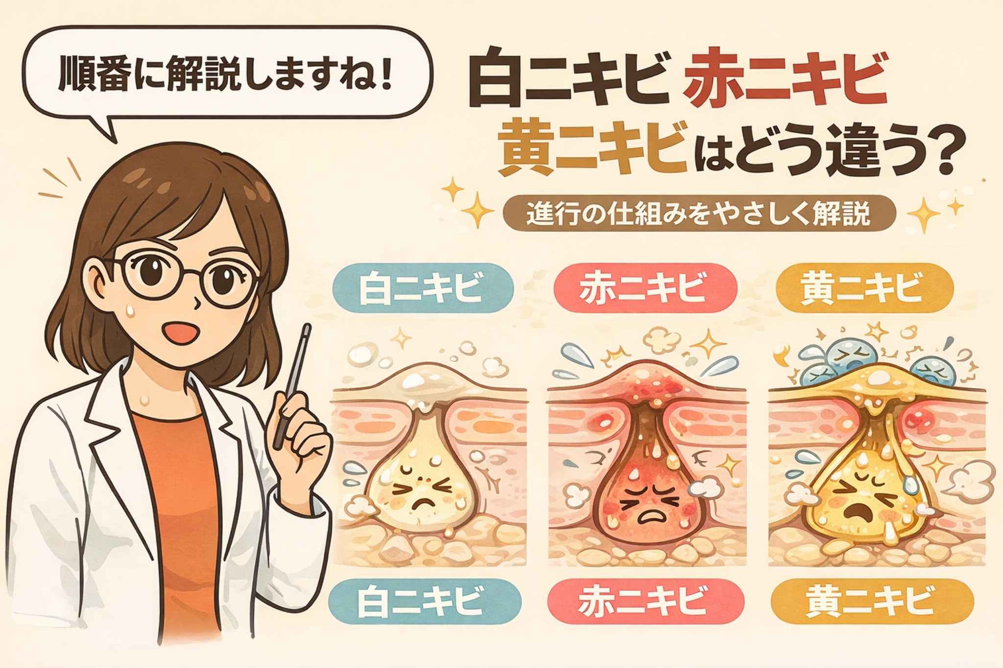白ニキビ・赤ニキビ・黄ニキビの違いを、進行段階ごとに解説したイラスト。白衣と眼鏡の女性が説明する横で、毛穴断面図が3段階で並び、皮脂詰まりのみの白ニキビ、炎症を起こした赤ニキビ、膿が溜まった黄ニキビへと進行する仕組みが視覚的に示されている。