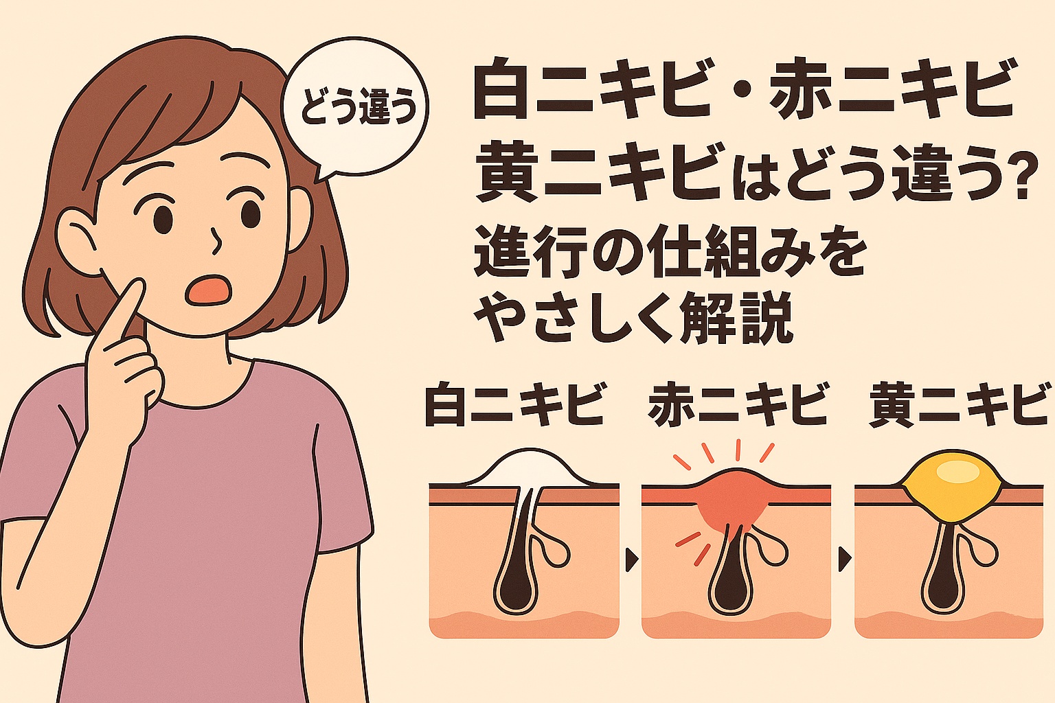 白ニキビ・赤ニキビ・黄ニキビの違いを解説するフラットイラスト。女性が頬を触りながら考える表情で、右側に毛穴断面図が3段階（白→赤→黄）で並び、ニキビの進行過程をやさしく示している。