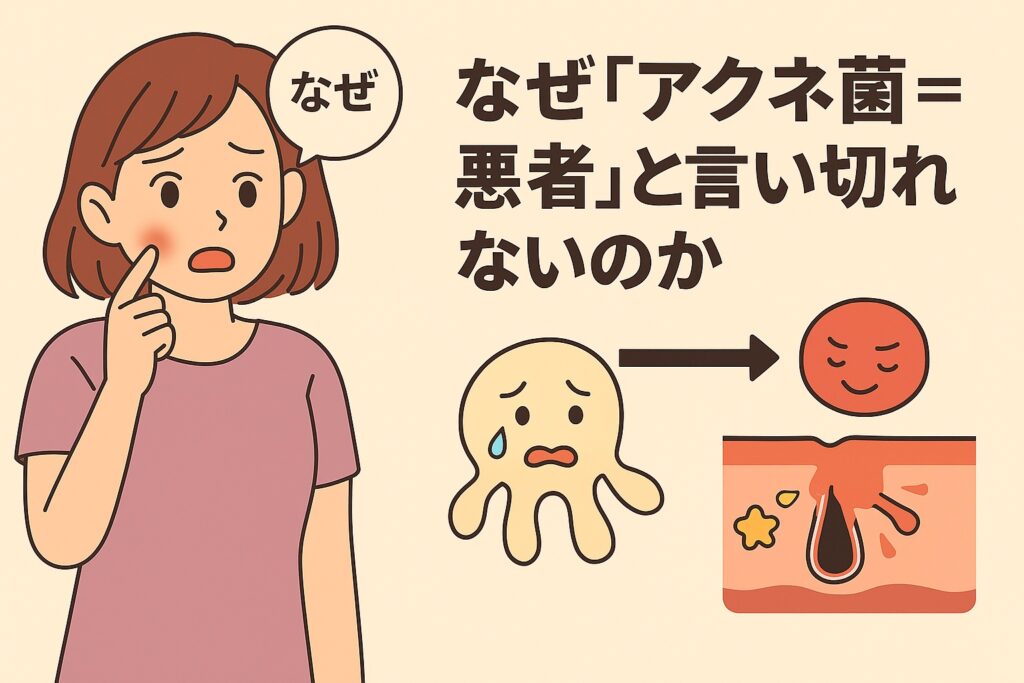 頬にニキビができた女性が「なぜ?」と不思議そうに考えるイラスト。右側には「なぜ『アクネ菌=悪者』と言い切れないのか」と書かれ、アクネ菌キャラクターが通常はおだやかだが、環境の変化で炎症を起こす存在に変わる様子を毛穴断面図とともに描いている。