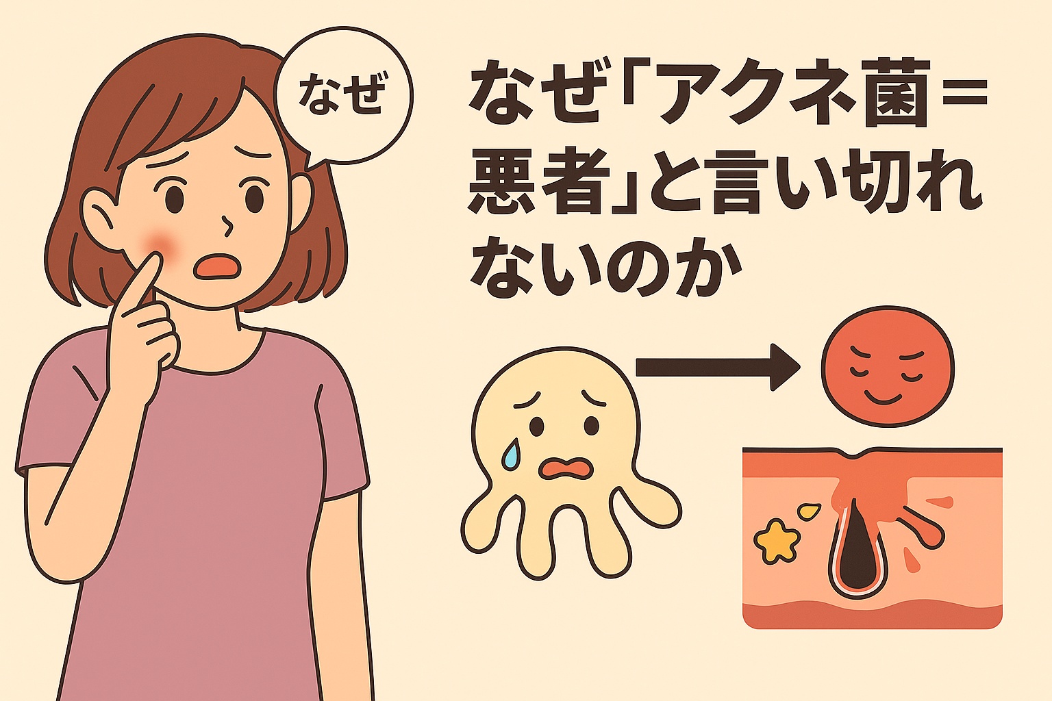 頬にニキビができた女性が「なぜ？」と不思議そうに考えるイラスト。右側には「なぜ『アクネ菌＝悪者』と言い切れないのか」と書かれ、アクネ菌キャラクターが通常はおだやかだが、環境の変化で炎症を起こす存在に変わる様子を毛穴断面図とともに描いている。