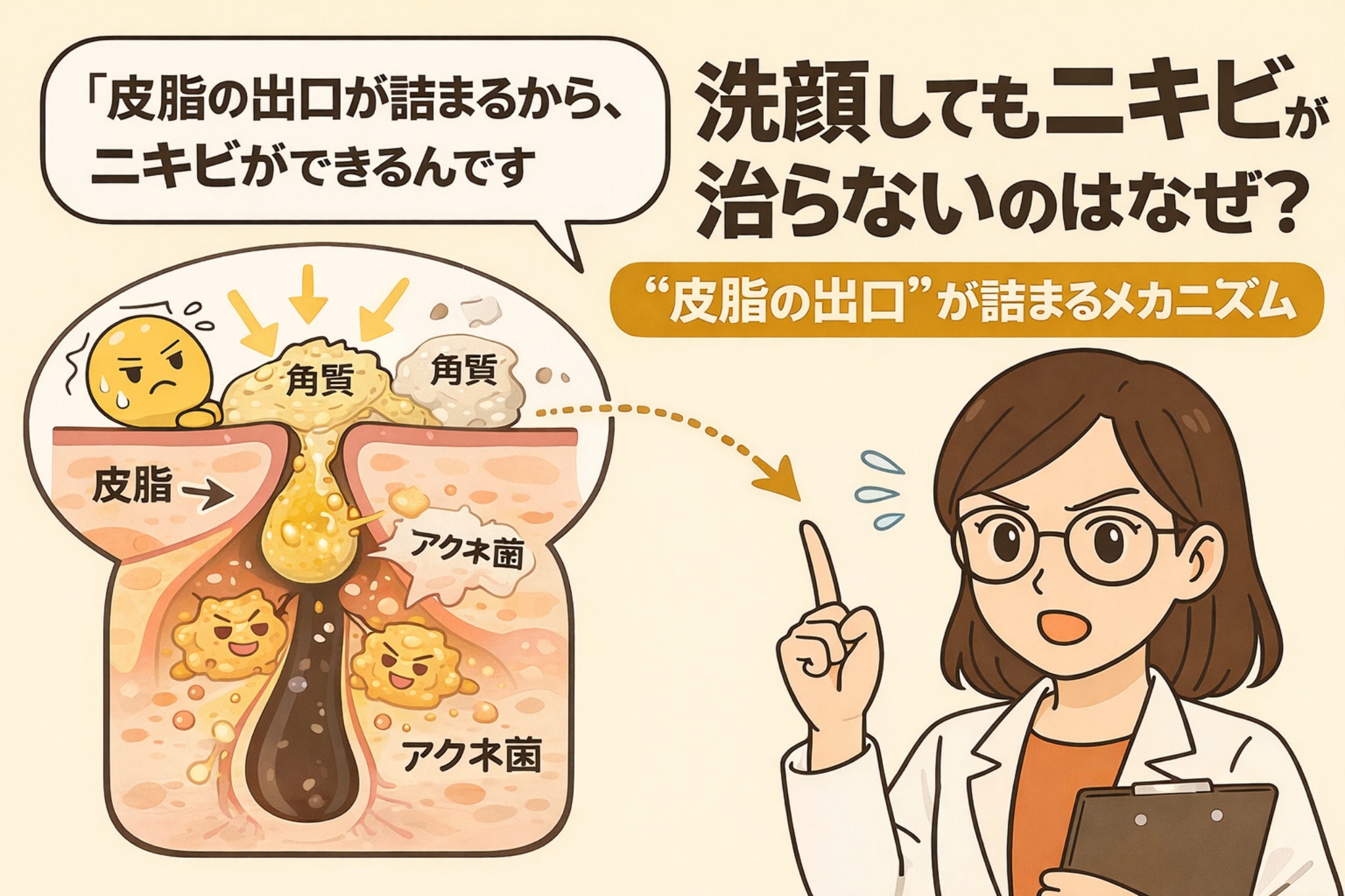 洗顔してもニキビが治らない理由を解説したイラスト。毛穴断面図で「皮脂の出口」が角質で詰まり、皮脂とアクネ菌がたまって炎症が起きる仕組みが描かれている。右側では白衣と眼鏡の女性キャラクターが指差しで説明し、「皮脂の出口が詰まるメカニズム」を分かりやすく示した淡いベージュ背景の図解アイキャッチ。