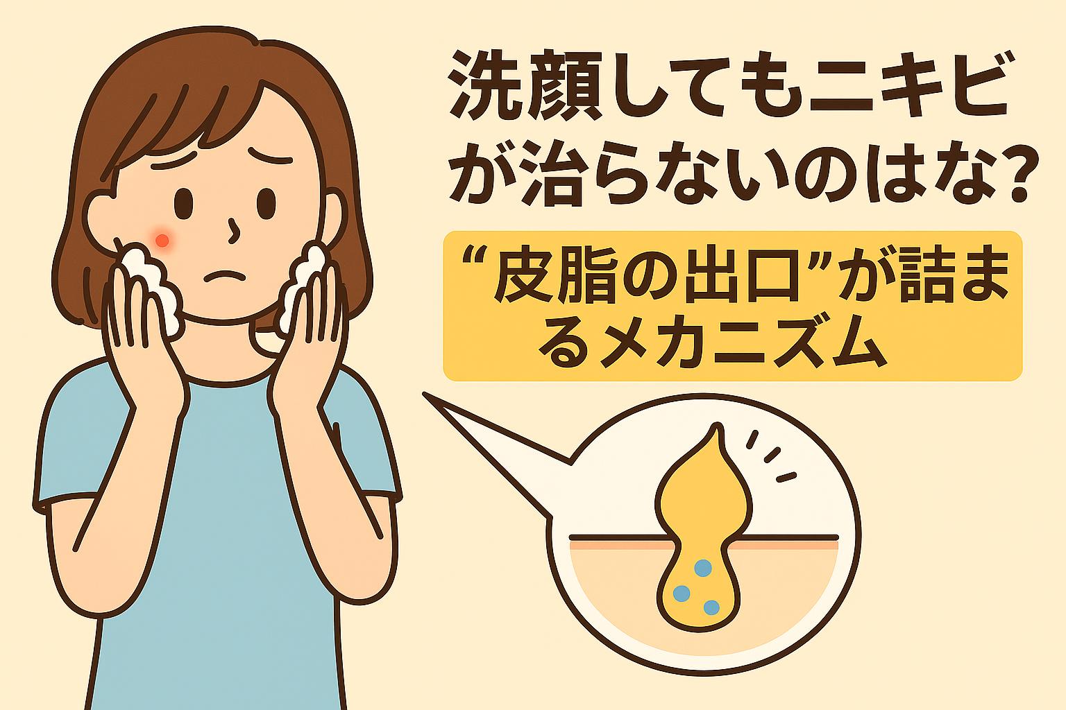 泡洗顔をしてもニキビが治らず困る女性が頬に手を当てる様子。吹き出しの中に皮脂が毛穴を塞ぐイラストがあり、“皮脂の出口が詰まるメカニズム”を説明する構図。