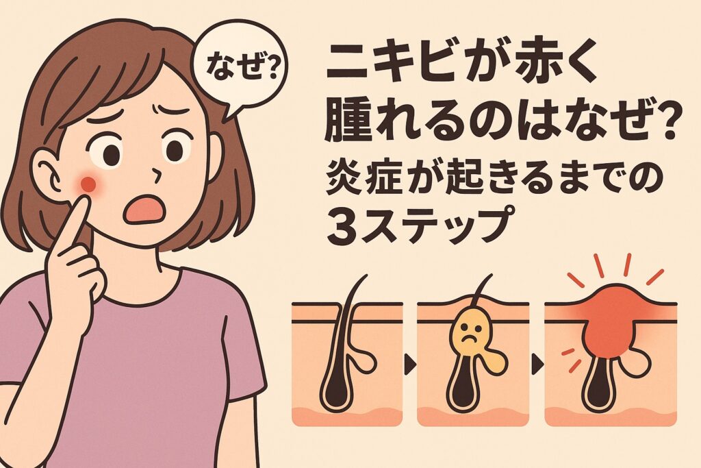 頬の赤ニキビを気にする女性が「なぜ?」とつぶやくイラスト。右側には毛穴の詰まりから炎症が起こるまでの3段階(皮脂詰まり→菌の増殖→赤く腫れる)を図解している。