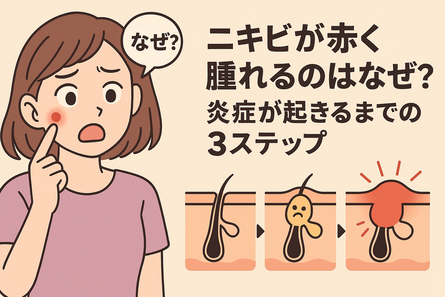 頬の赤ニキビを気にする女性が「なぜ？」とつぶやくイラスト。右側には毛穴の詰まりから炎症が起こるまでの3段階（皮脂詰まり→菌の増殖→赤く腫れる）を図解している。