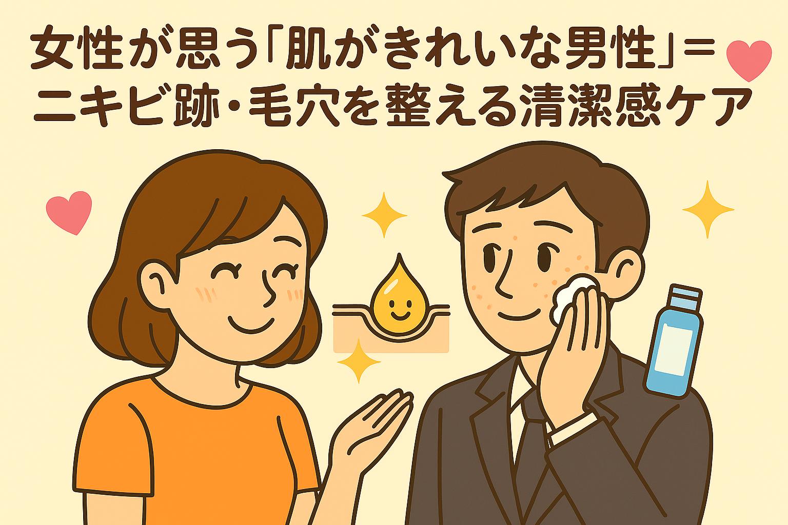 女性が好印象で男性を見つめ、男性は洗顔フォームで頬をケアしている姿を描いたイラスト。背景には毛穴キャラと清潔感を示す光のエフェクト、スキンケアボトルのアイコン、さらにハートマークが添えられ、「女性が思う『肌がきれいな男性』＝ニキビ跡・毛穴を整える清潔感ケア」というタイトル入りの記事用アイキャッチ。