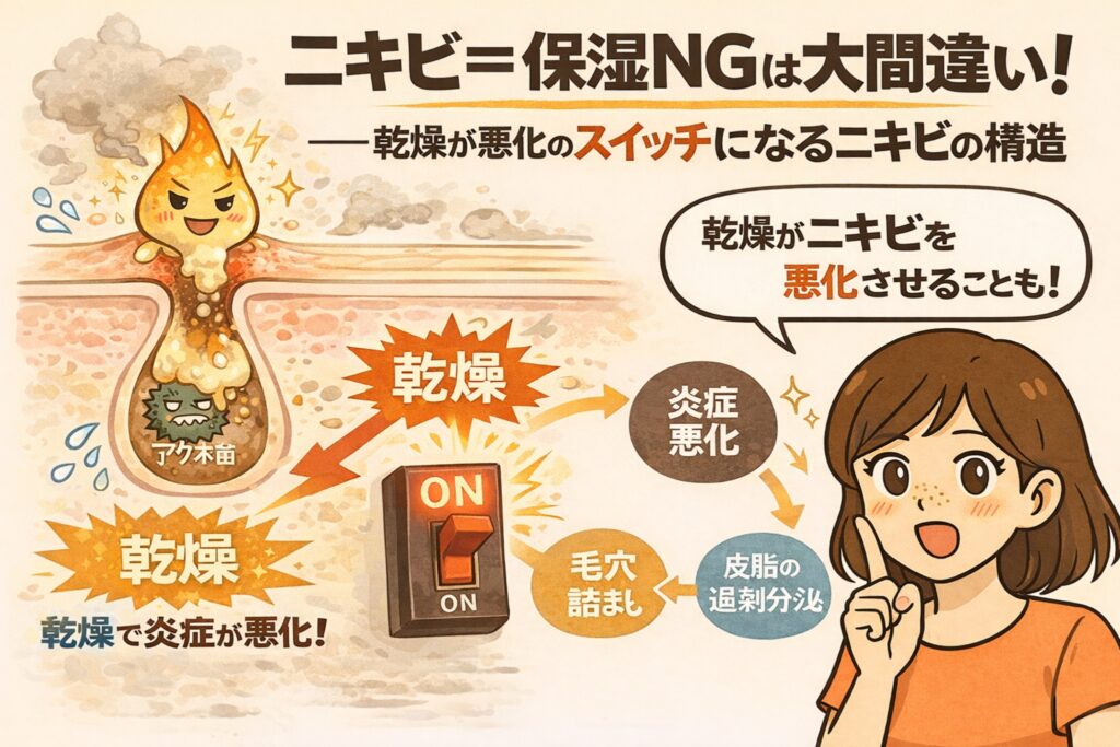 ニキビに保湿はNGではないことを解説する図解イラスト。乾燥がスイッチとなって皮脂の過剰分泌、毛穴詰まり、炎症悪化へと進むニキビの構造を示し、乾燥がニキビを悪化させる可能性を指差しで説明する女性キャラクターが描かれている。