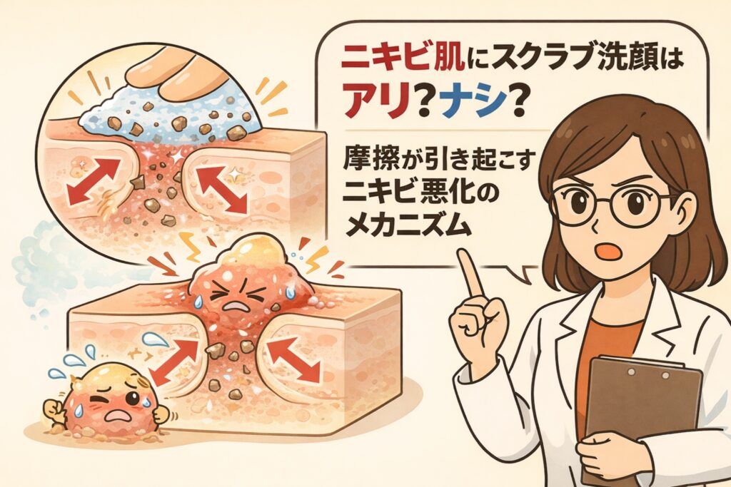 ニキビ肌にスクラブ洗顔が適さない理由を、摩擦による悪化メカニズムから解説したイラスト。スクラブ粒子による物理刺激が毛穴周囲の炎症を広げ、ニキビを悪化させる様子を毛穴断面図で示している。右側では白衣と眼鏡の女性が注意点を説明している。