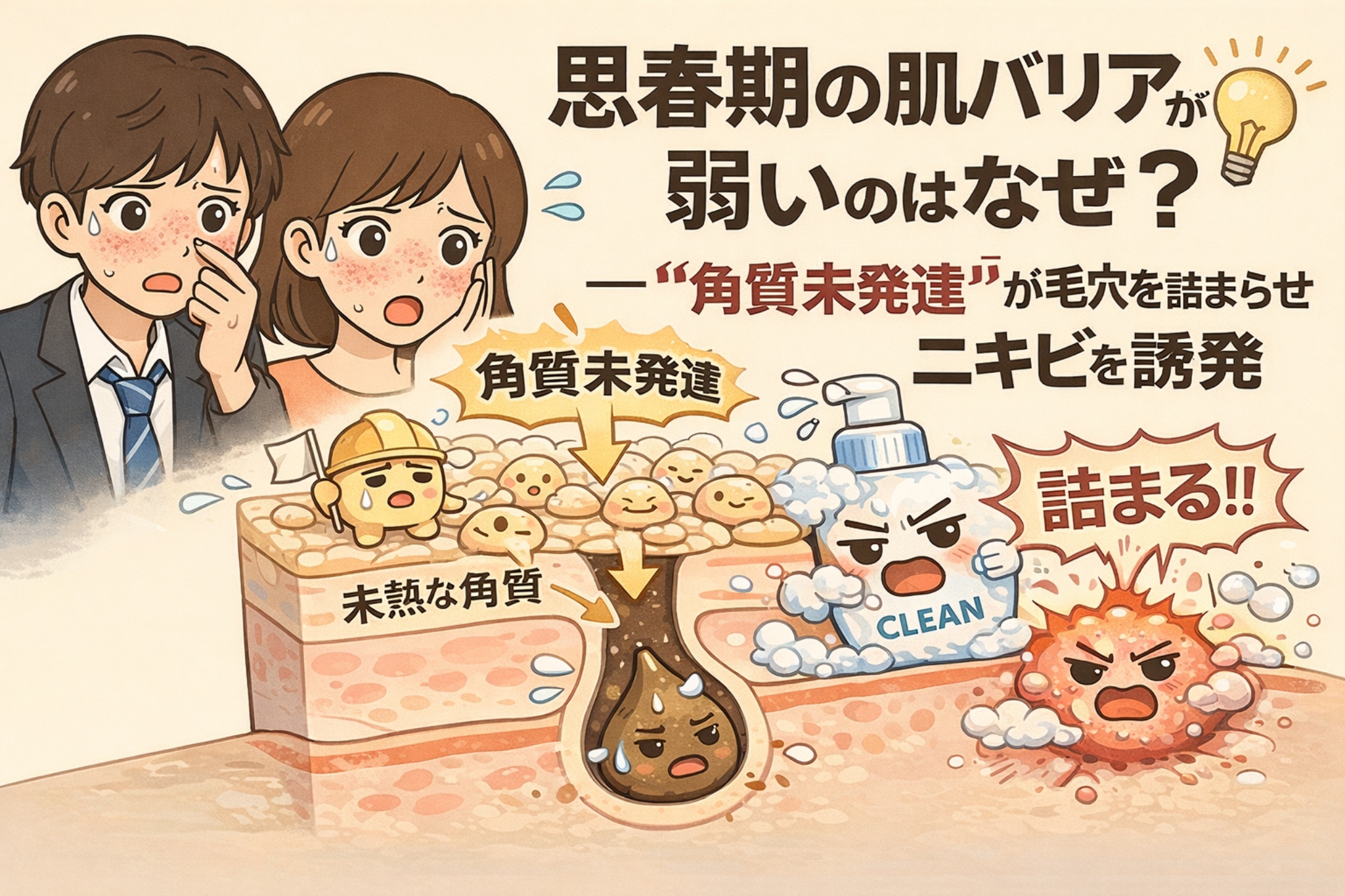 思春期の肌バリアが弱い理由を解説するイラスト。角質未発達の断面構造が描かれ、未熟な角質によって毛穴が詰まりやすくなり、洗顔や皮脂の影響でニキビが誘発される様子を、学生の男女と擬人化された角質・毛穴・ニキビのキャラクターで表現している。