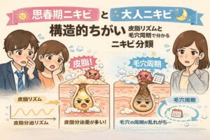 思春期ニキビと大人ニキビの構造的な違いを比較したイラスト。思春期ニキビは皮脂分泌リズムが活発で皮脂量が多いことが原因となりやすく、大人ニキビは毛穴周期の乱れによって詰まりやすくなる様子を、毛穴断面図と男女キャラクターで対比して解説している。