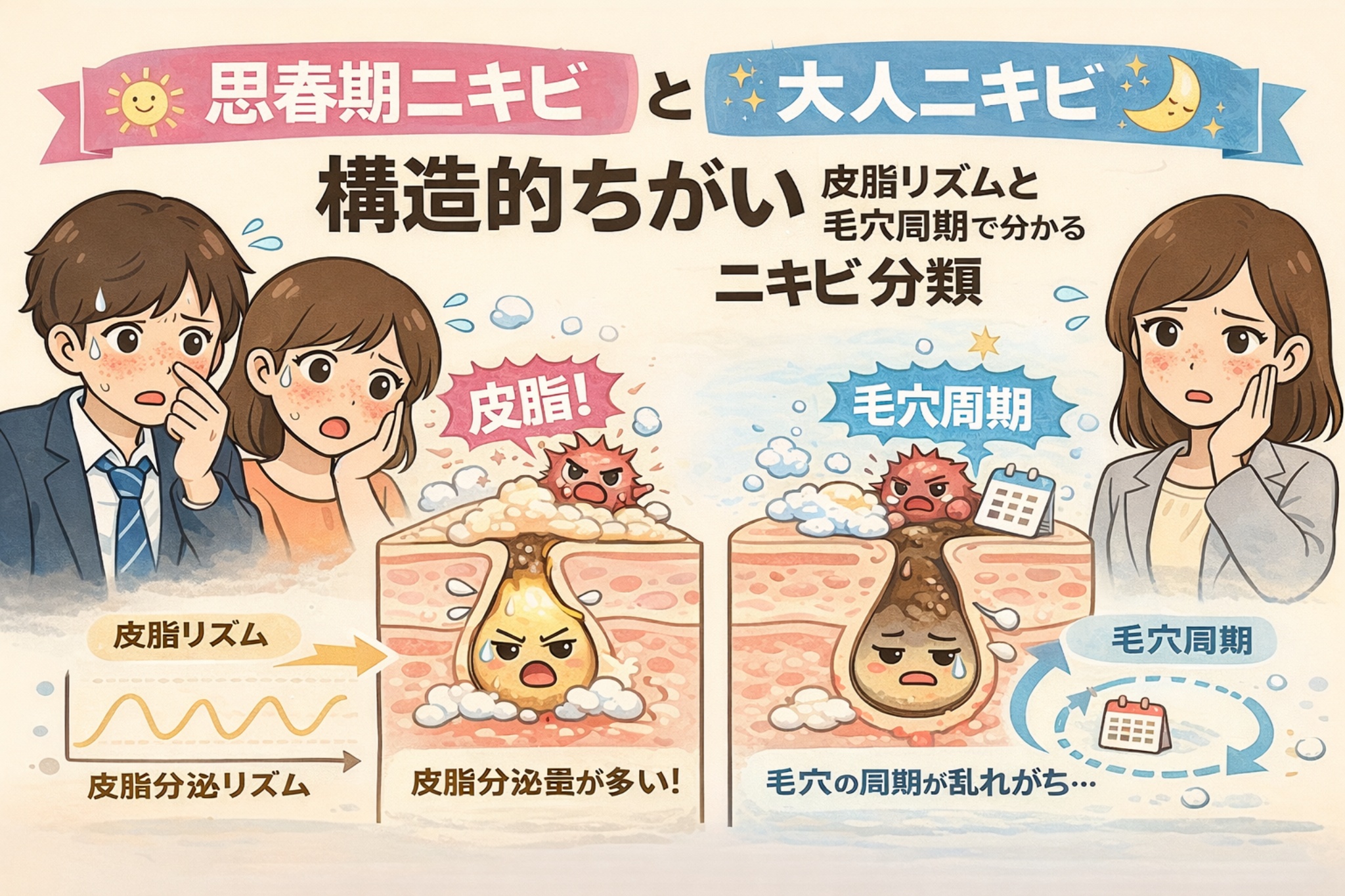 思春期ニキビと大人ニキビの構造的な違いを比較したイラスト。思春期ニキビは皮脂分泌リズムが活発で皮脂量が多いことが原因となりやすく、大人ニキビは毛穴周期の乱れによって詰まりやすくなる様子を、毛穴断面図と男女キャラクターで対比して解説している。