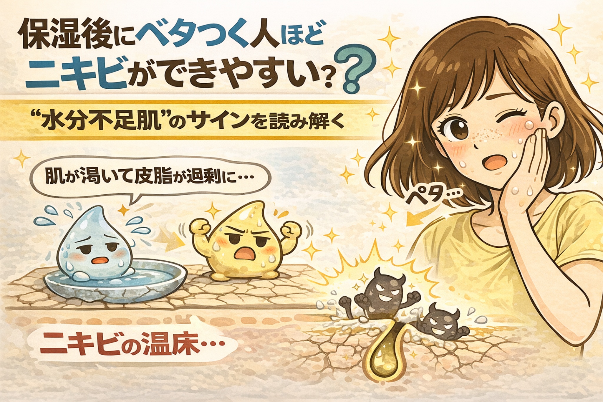 保湿後に肌がベタつく人ほどニキビができやすい理由を解説したイラスト。水分不足の肌が皮脂を過剰に分泌し、毛穴の中でニキビの温床になる仕組みを、擬人化した水分・皮脂・ニキビキャラクターとベタつきを感じる女性の表情で表現している。