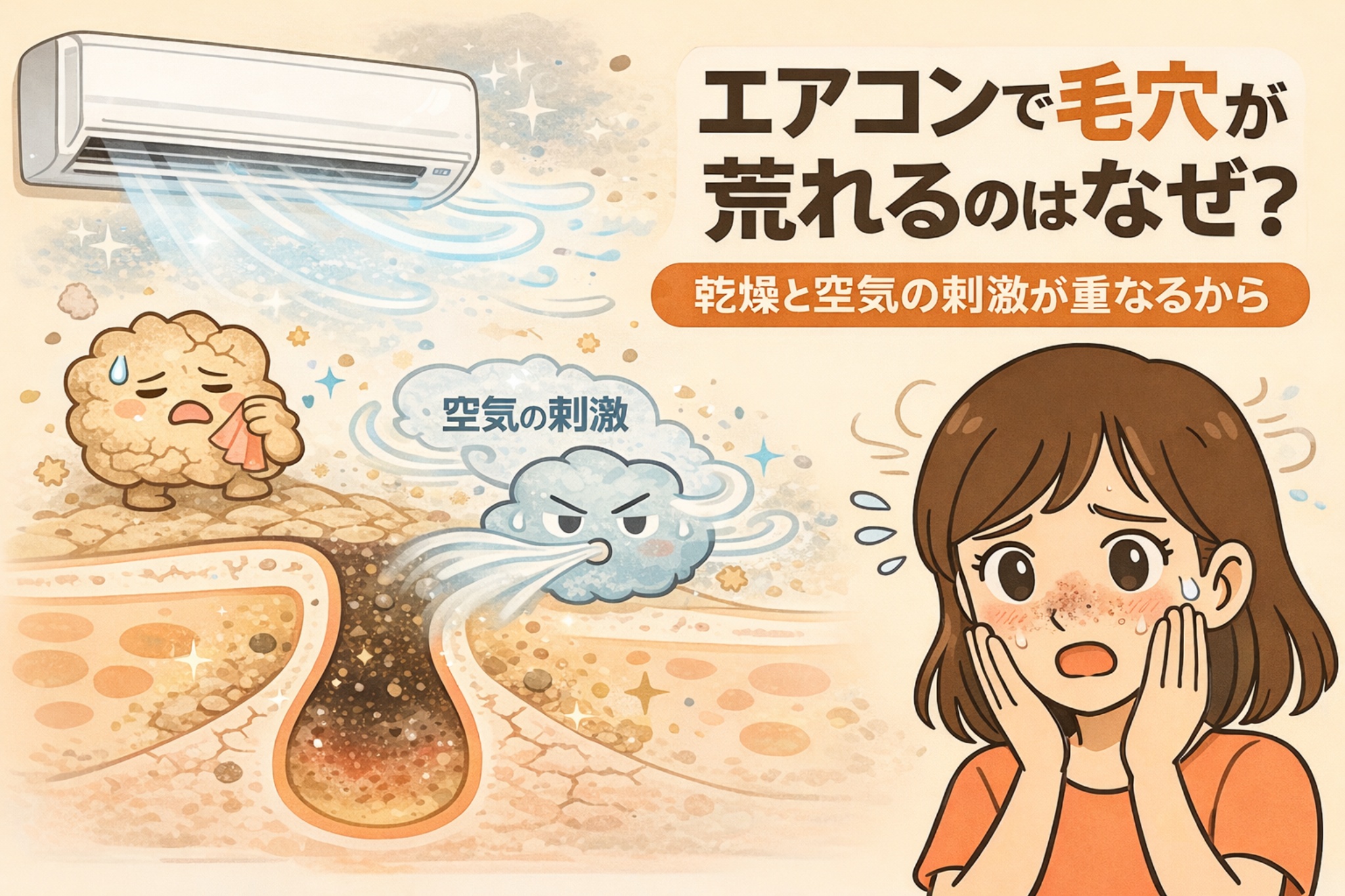 エアコン使用時に毛穴や肌が荒れやすくなる理由を解説した図解イラスト。エアコンの風による乾燥と空気刺激が重なり、毛穴周辺の皮脂や角質が乱れて荒れやすくなる様子を、毛穴断面図と擬人化キャラクターで表現している。右側では女性が鼻や頬のざらつき・赤みを気にしており、室内環境が肌状態に与える影響を分かりやすく示した教育的ビジュアル。
