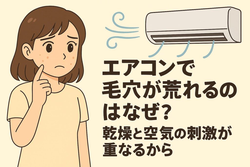 「エアコンで毛穴が荒れるのはなぜ？──乾燥と空気の刺激が重なるから」を説明するイラスト。左側にはエアコンの風で肌荒れや毛穴の目立ちを気にする女性が描かれている。右上には風を吹き出すエアコンのイラスト、右下には乾燥による角層の乱れが起きた皮膚断面図が配置され、空調による乾燥と風の刺激が毛穴トラブルを悪化させる仕組みを示している。