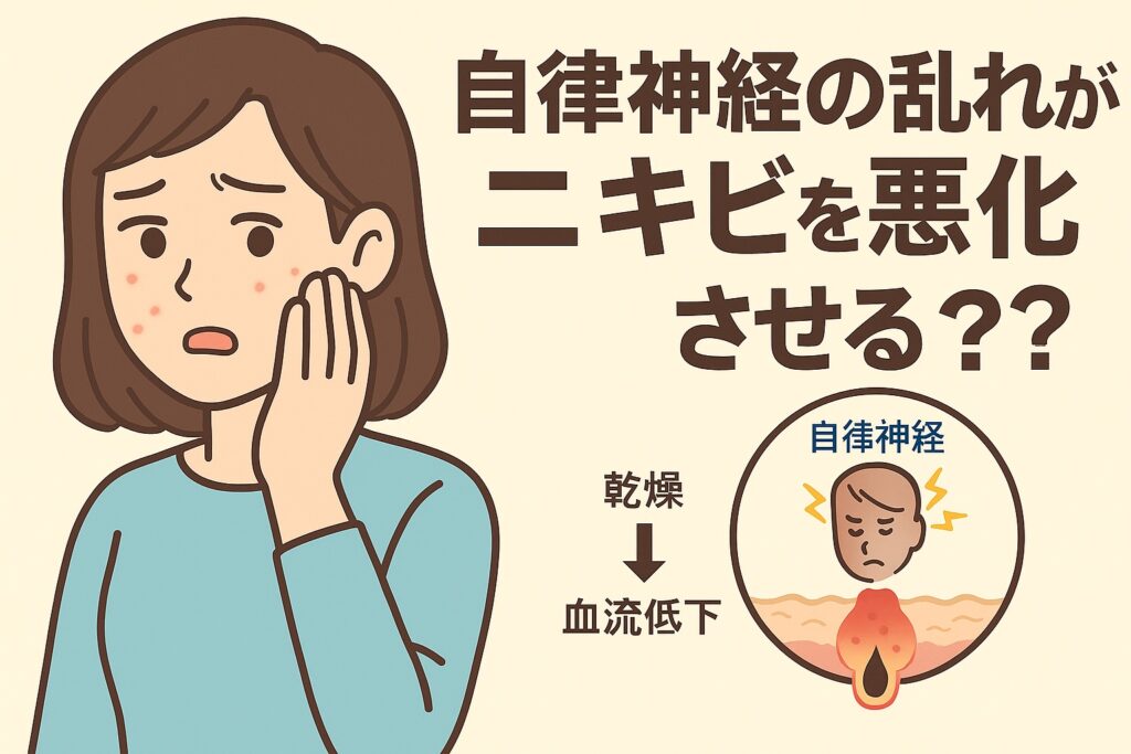 自律神経の乱れによるニキビ悪化をテーマにしたイラスト。青い服の女性が頬のニキビを気にしている。右下の毛穴断面図には「自律神経」と書かれ、乾燥や血流低下によって炎症が起こる仕組みが描かれている。テキストには「自律神経の乱れがニキビを悪化させる？？乾燥→血流低下」と書かれている。
