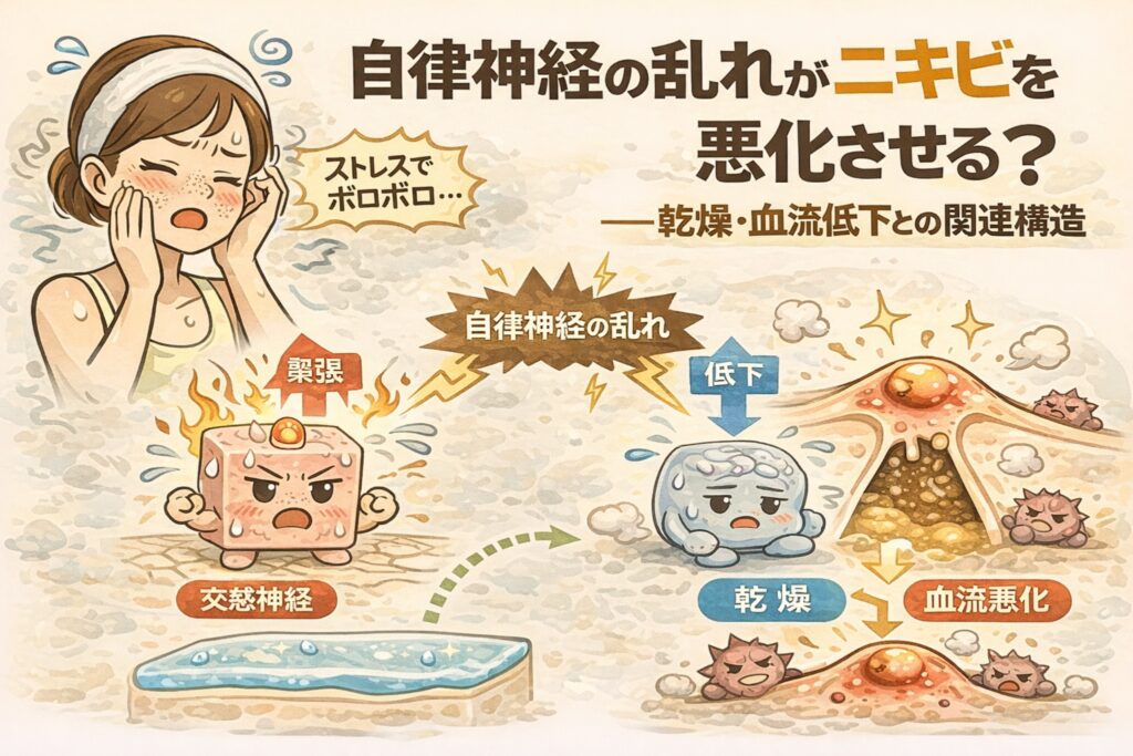 自律神経の乱れがニキビを悪化させる仕組みを解説したイラスト。ストレス状態の女性と、交感神経の緊張による乾燥や血流低下が毛穴環境を悪化させる流れを、擬人化キャラクターと毛穴断面図で示している。
