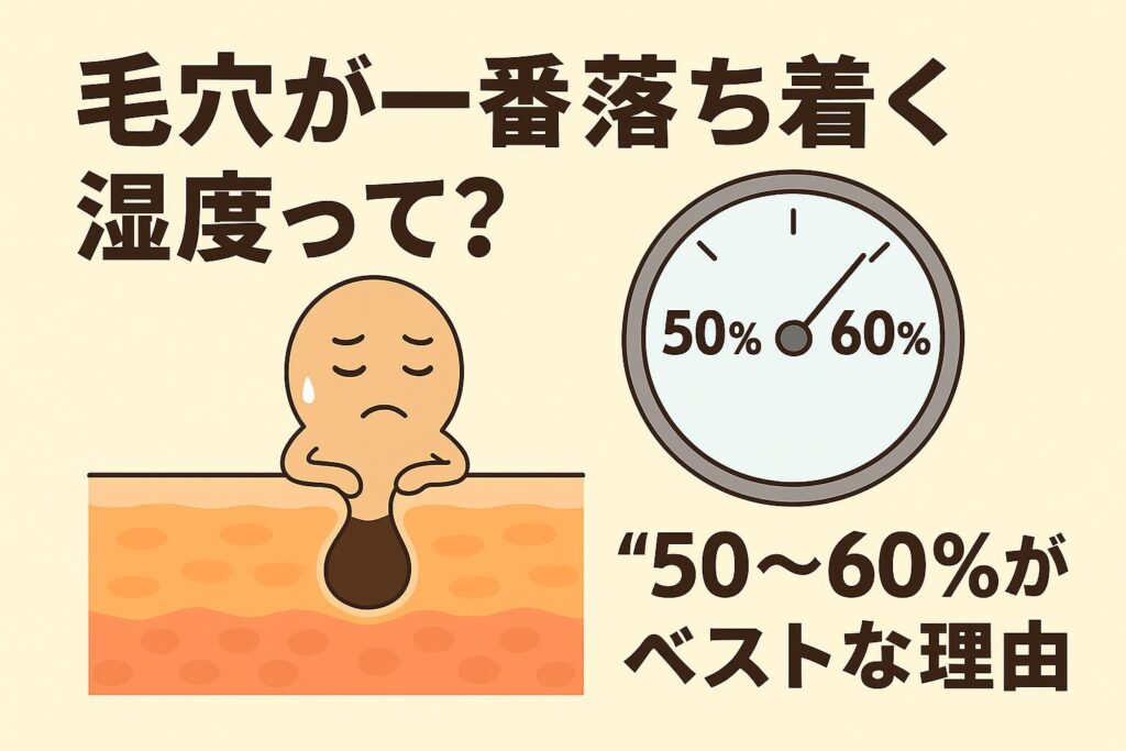 「毛穴が一番落ち着く湿度って？──“50〜60％がベストな理由”」を説明するイラスト。左側には湿度が低くてしょんぼりした表情の毛穴キャラクターが皮膚から顔を出している。右側には湿度計のイラストがあり、50〜60％を指している針が描かれている。湿度が適切な範囲だと毛穴の状態が安定しやすいことを示す図解。
