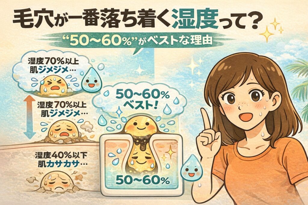 毛穴が最も落ち着く湿度の目安を解説した図解イラスト。湿度40％以下では乾燥して肌がカサつき、70％以上では蒸れてベタつく様子を対比し、中央で「50〜60％がベスト」と示している。毛穴断面図と擬人化キャラクターを用いて、適切な湿度環境が毛穴の安定につながる理由を分かりやすく説明している教育的ビジュアル。