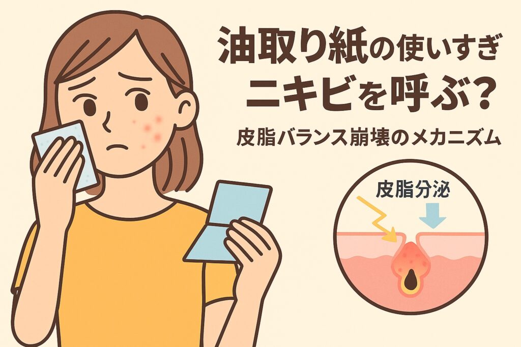 油取り紙の使いすぎによるニキビの原因をテーマにしたイラスト。黄色い服の女性が不安そうな表情で顔の皮脂を拭いている。右下の毛穴断面図には「皮脂分泌」と書かれ、皮脂を取りすぎることでバランスが崩れ、過剰分泌と炎症が起きる様子が描かれている。テキストには「油取り紙の使いすぎニキビを呼ぶ？皮脂バランス崩壊のメカニズム」と記載されている。