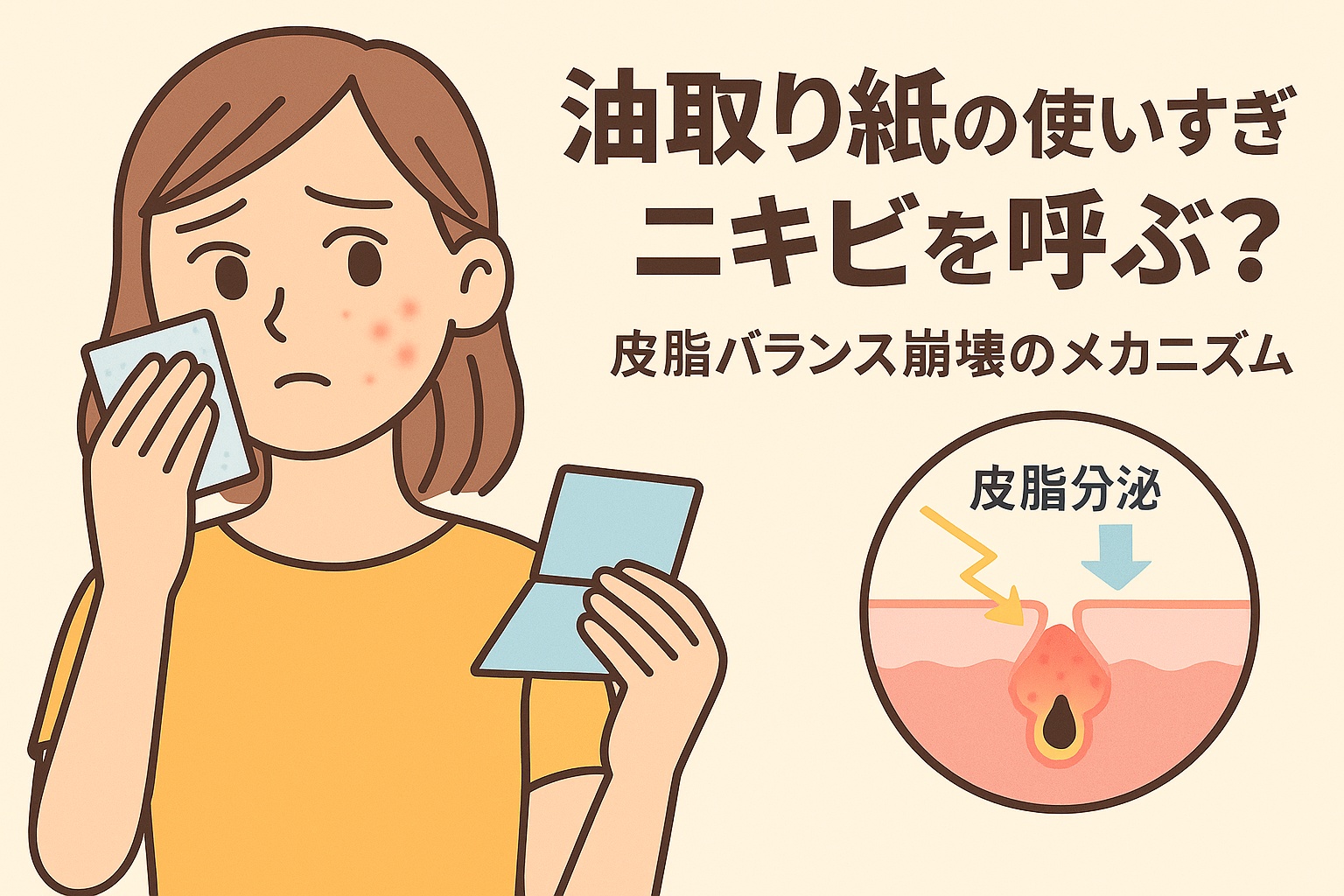 油取り紙の使いすぎによるニキビの原因をテーマにしたイラスト。黄色い服の女性が不安そうな表情で顔の皮脂を拭いている。右下の毛穴断面図には「皮脂分泌」と書かれ、皮脂を取りすぎることでバランスが崩れ、過剰分泌と炎症が起きる様子が描かれている。テキストには「油取り紙の使いすぎニキビを呼ぶ?皮脂バランス崩壊のメカニズム」と記載されている。