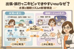 出張や旅行でニキビができやすくなる理由を、水質の変化（硬水・軟水）と睡眠リズムの乱れ（時差・寝不足）という2つの構造から解説した図解イラスト。左側は旅先の水質変化による乾燥や毛穴詰まり、右側は睡眠不足やストレスによるホルモンバランスの乱れを示し、最終的にニキビが発生する流れを専門家が説明している。 英語（SEO用・任意）